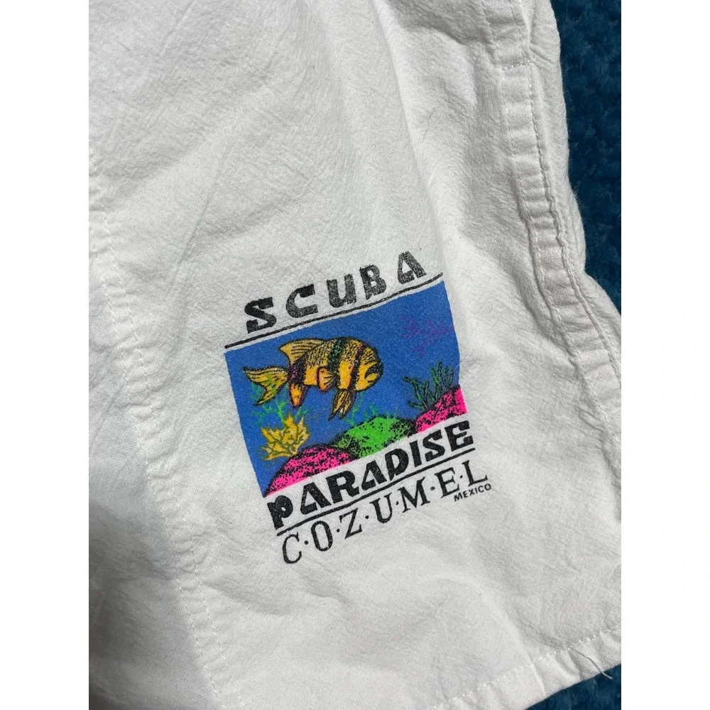 Vintage White Graphic Swim Trunks Scuba Paradise Cozumel Mexico